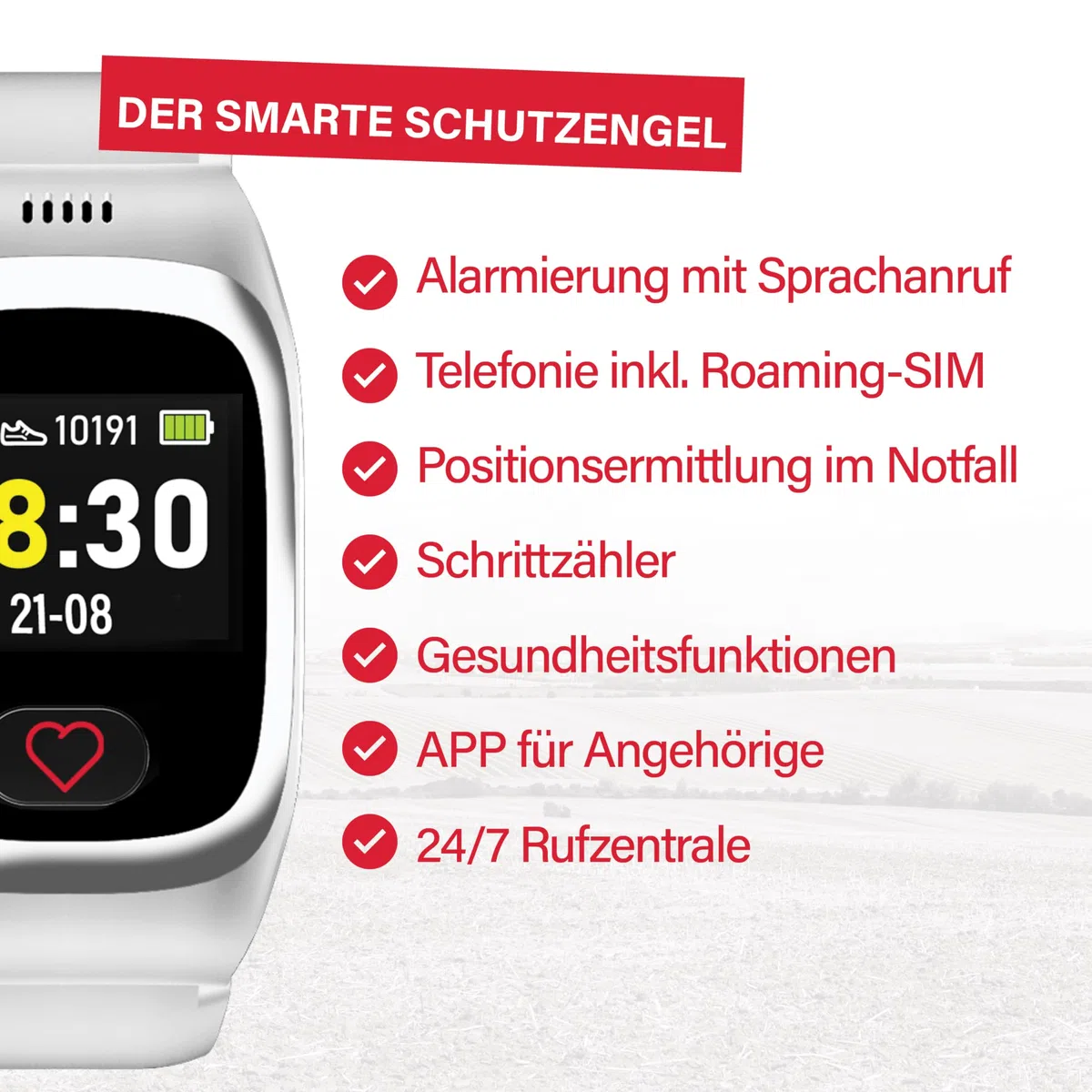 James B6 Notruf- & Sicherheitsuhr für Senioren (Weiss) mit GPS, Sturzerkennung, SOS-Knopf, Pulsmessung & Gesundheitsfunktionen, Familien-App, lauter Alarm, inkl. SIM-Karte & 2 Gratis-Monate Tarif