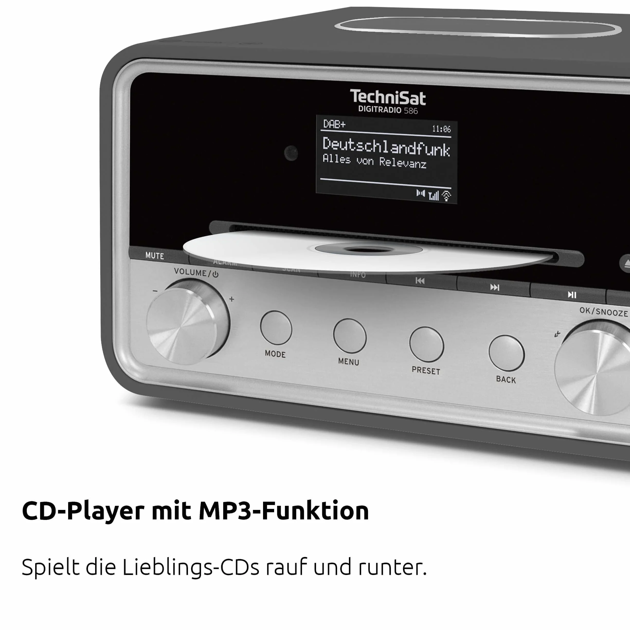 TechniSat DIGITRADIO 586 – DAB+ Hybridradio (Internetradio, UKW, Bluetooth, Spotify, Wireless Charging, App-Steuerung, OLED-Display, USB, CD, MP3, AUX, 20 W, Kompakt-Anlage, Fernbedienung) anthrazit