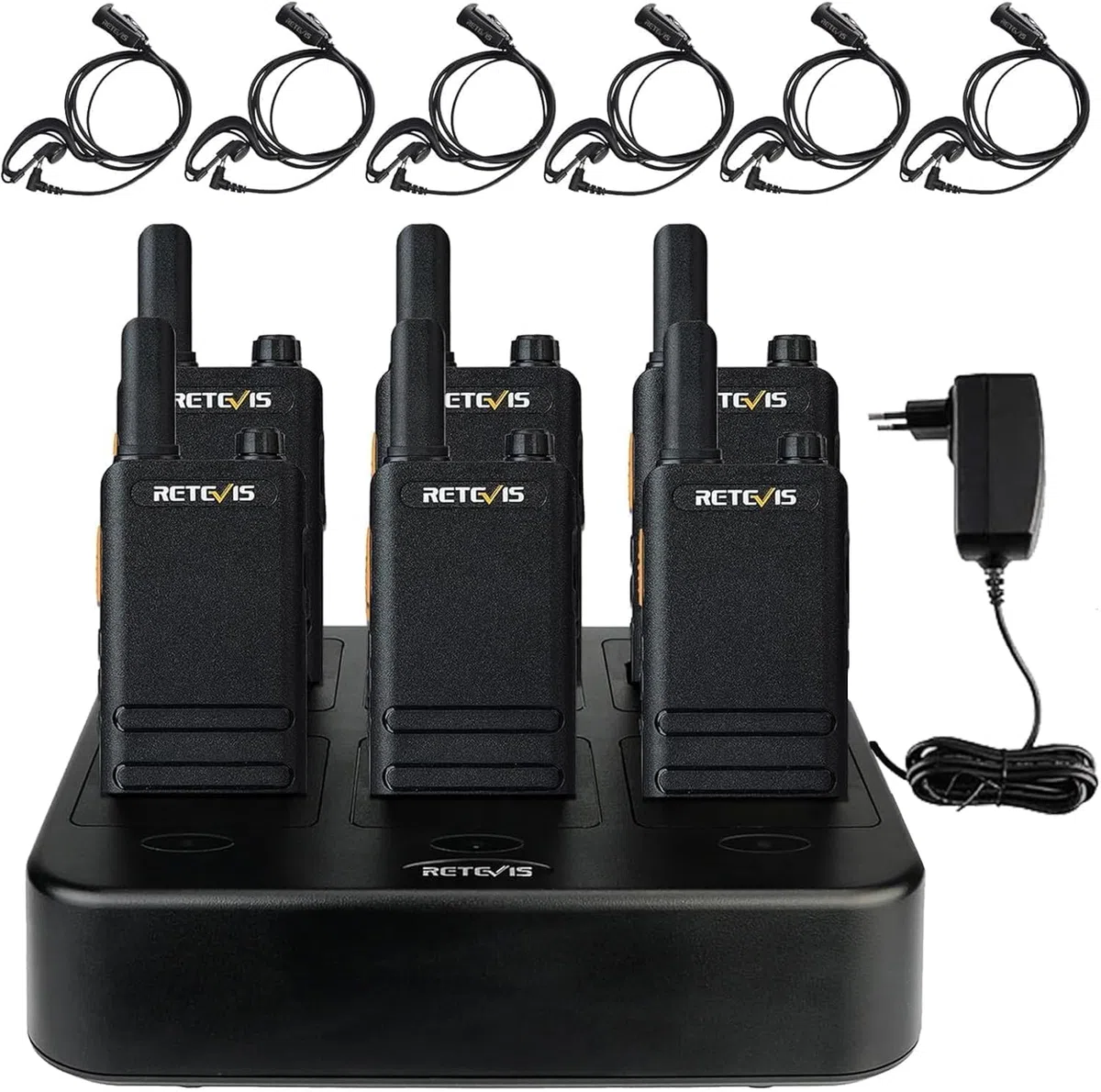 Retevis RT622P Walkie Talkies für Erwachsene, Wiederaufladbares Funkgerät mit 6-Wege-Ladegerät, 1620 mAh, 15 mm Ultradünn, VOX- PMR446 Walkie Talkie mit Ohrhörern für die Schule (6 Stück, Schwarz)