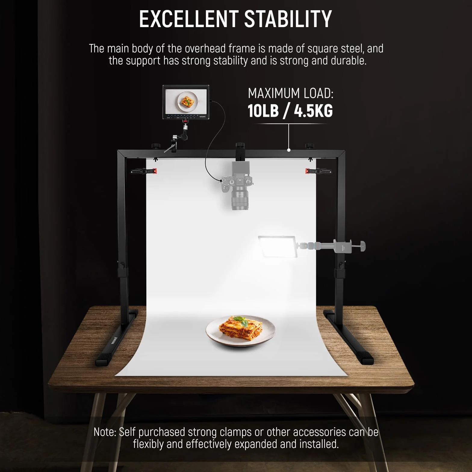 NEEWER Überkopf Kamerahalterung für Aufnahmen von Oben nach unten, Tischplatte aus Stahl,mehrfache Halterungsplattform für Flatlay Fotografie Licht Kochen Zeichnen Handwerk, für Tische≥1m Länge ST100
