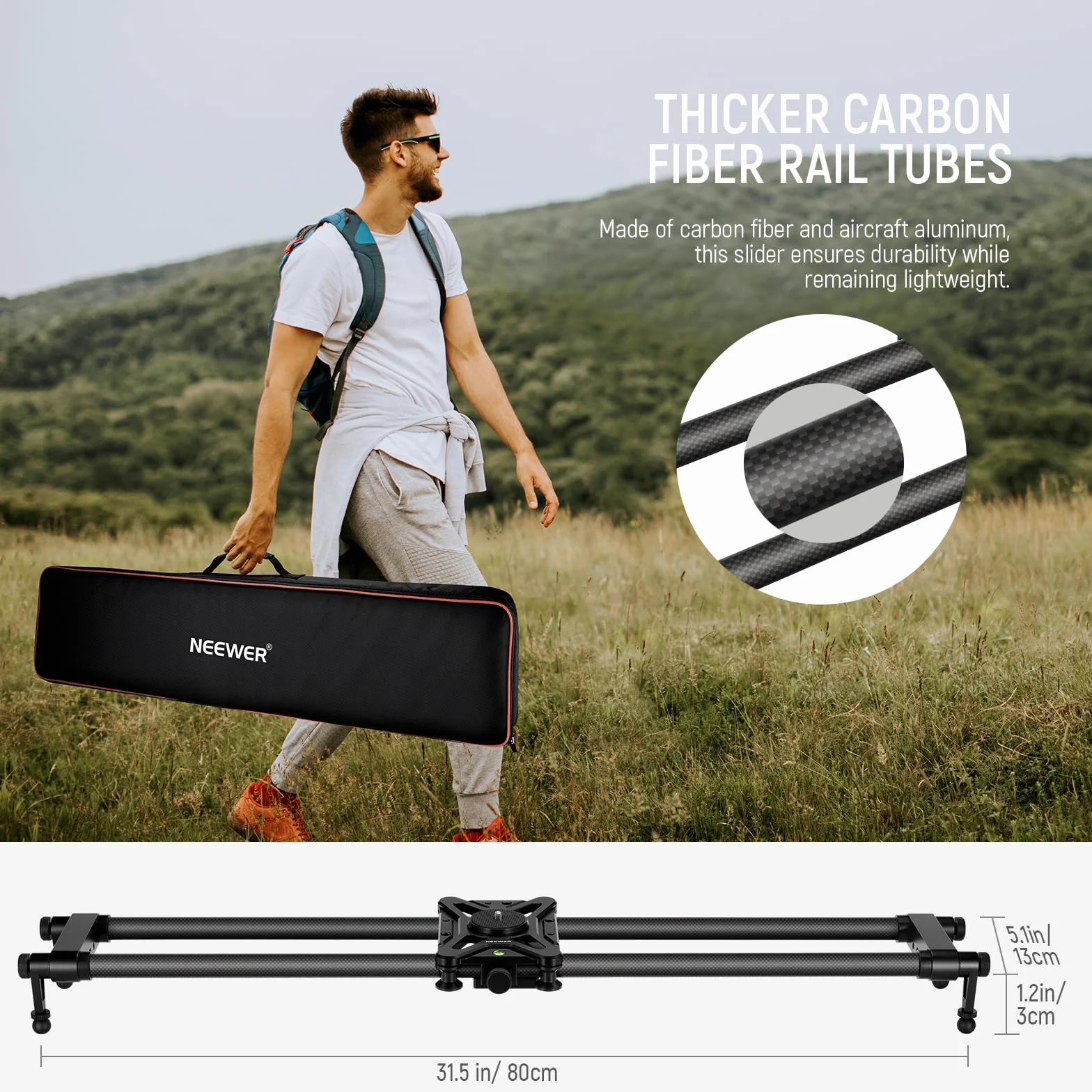 NEEWER 31,5"/80cm Kohlefaser Kameraslider, Dolly mit dickerem Rohr und stabilerer Unterstützung, 4 präzise Glatte Lager und Nivellierung für DSLR Kamera Camcorder, max Belastung 8kg, CS80CM