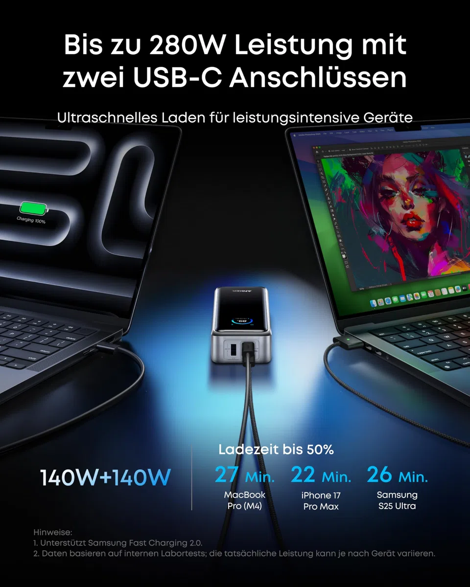 Anker Prime Powerbank 26250mAh, 300W max, bidirektionales Laden, 250W Dual-Input & 140W Single-Port, TSA-zugelassen, App-Steuerung, Display, kompatibel mit MacBook Pro & iPhone 17/16 (ohne Ladebasis)