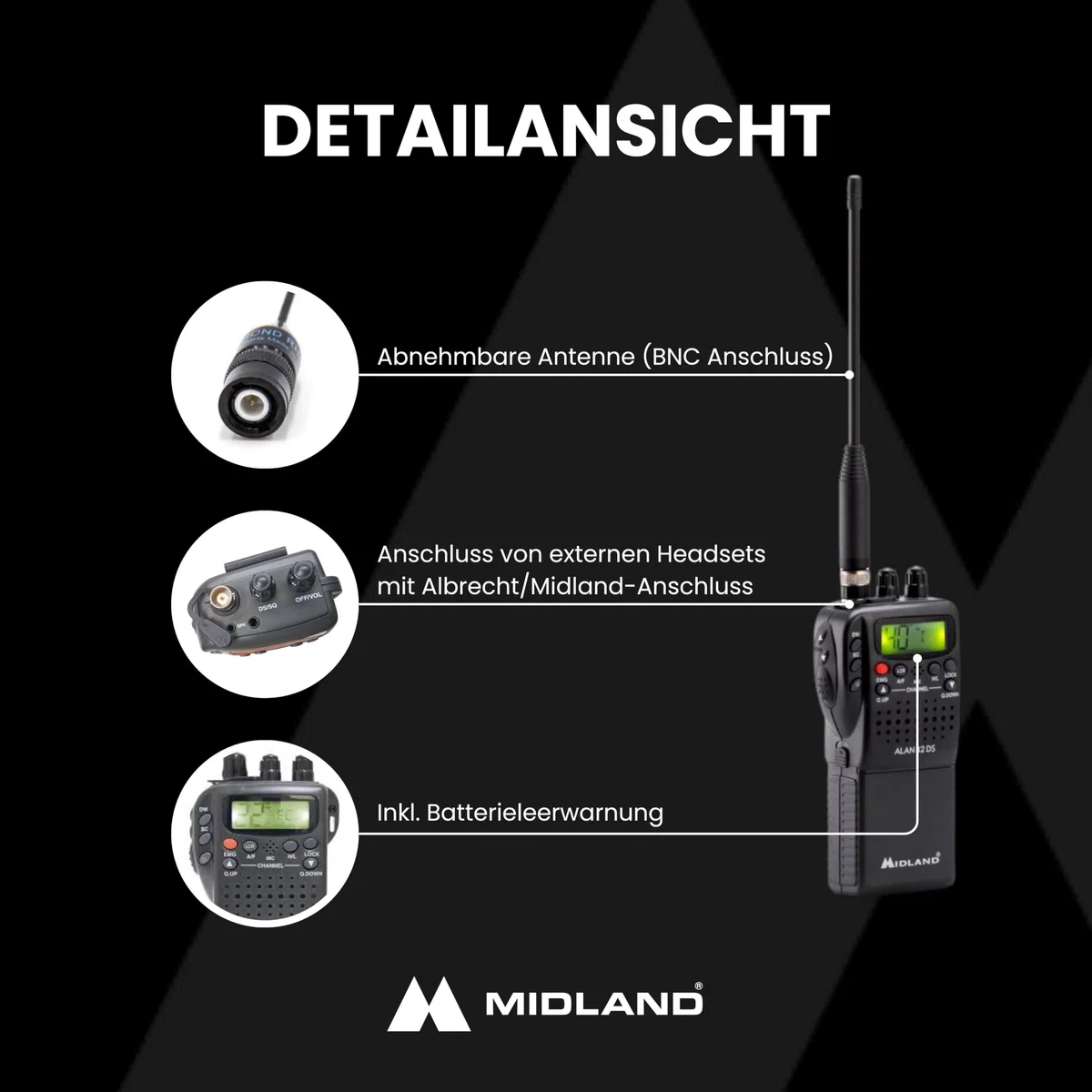 Midland Alan 42 DS CB-Handfunkgerät mit Multiband AM/FM, tragbares CB-Funkgerät mit Zubehör & digitaler Rauschsperre, für alle EU-Länder, schwarz