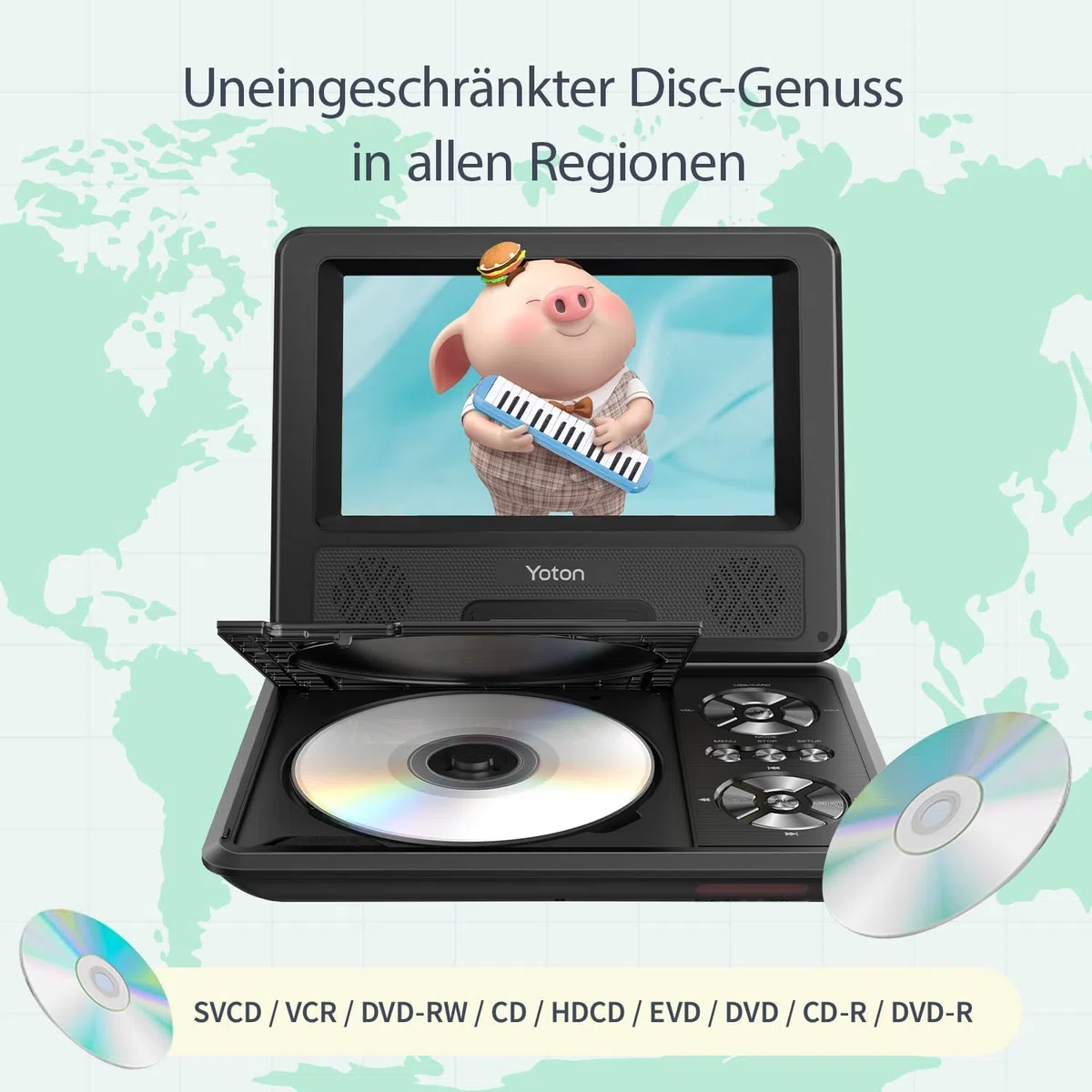 9.5" Tragbarer DVD Player mit 7.5" HD Schwenkbildschirm für Auto und Kinder, 4-6 Stunden Betriebszeit mit eingebautem Akku, Unterstützung für Kopfhörer/AV-IN/AV-Out/USB [Kein Blu-ray Support]