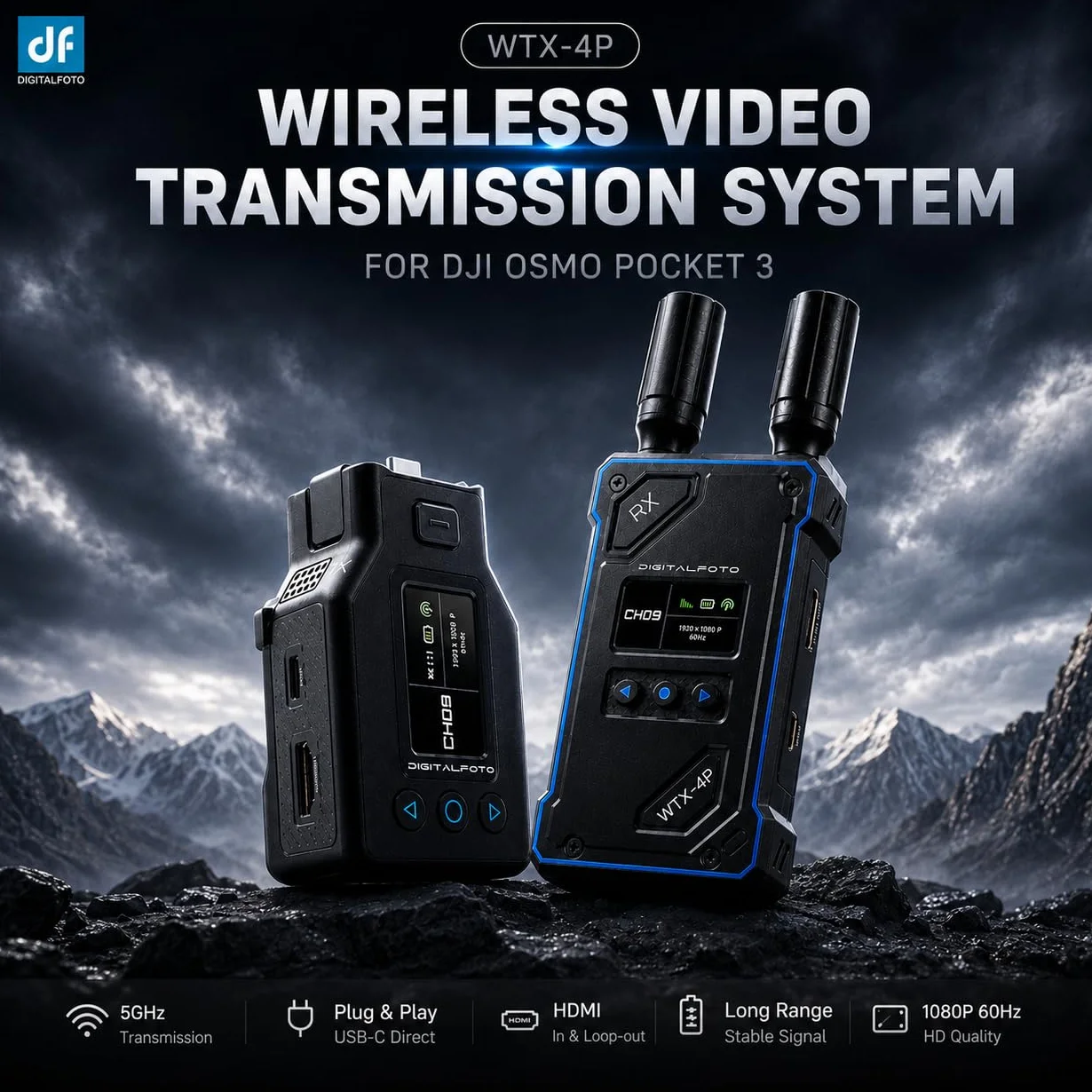 DF DIGITALFOTO WTX-4P Wireless HDMI Transmitter & Receiver für DJI Osmo Pocket 3, 500m Reichweite, 0,05s niedrige Latenz, 1080P60 UVC & HDMI Ausgang, 1TX bis 5RX Video Funkübertragung mit Mini Stati