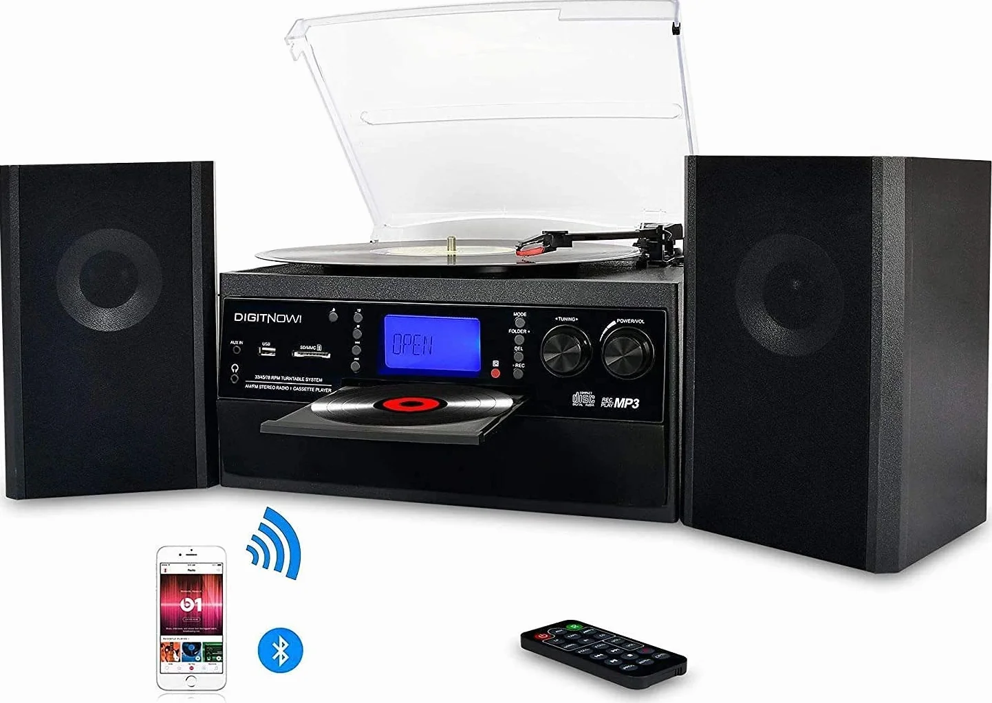 DIGITNOW! Bluetooth Viny Plattenspieler Plattenspieler für CD, Kassette, AM/FM Radio und Aux In, USB-Anschluss und SD-Codierung, Fernbedienung, mit eigenständigen Stereo-Lautsprechern