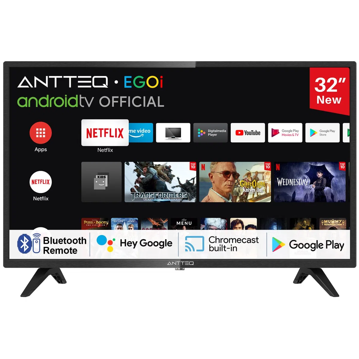 Antteq AG32H3 Smart TV 32 Zoll Bluetooth (Fernseher 80 cm) Android TV mit WLAN, Sprachassistent, Triple Tuner (DVB-C/S2/T2), Google Play Store (DAZN/Netflix/Prime Video), WiFi