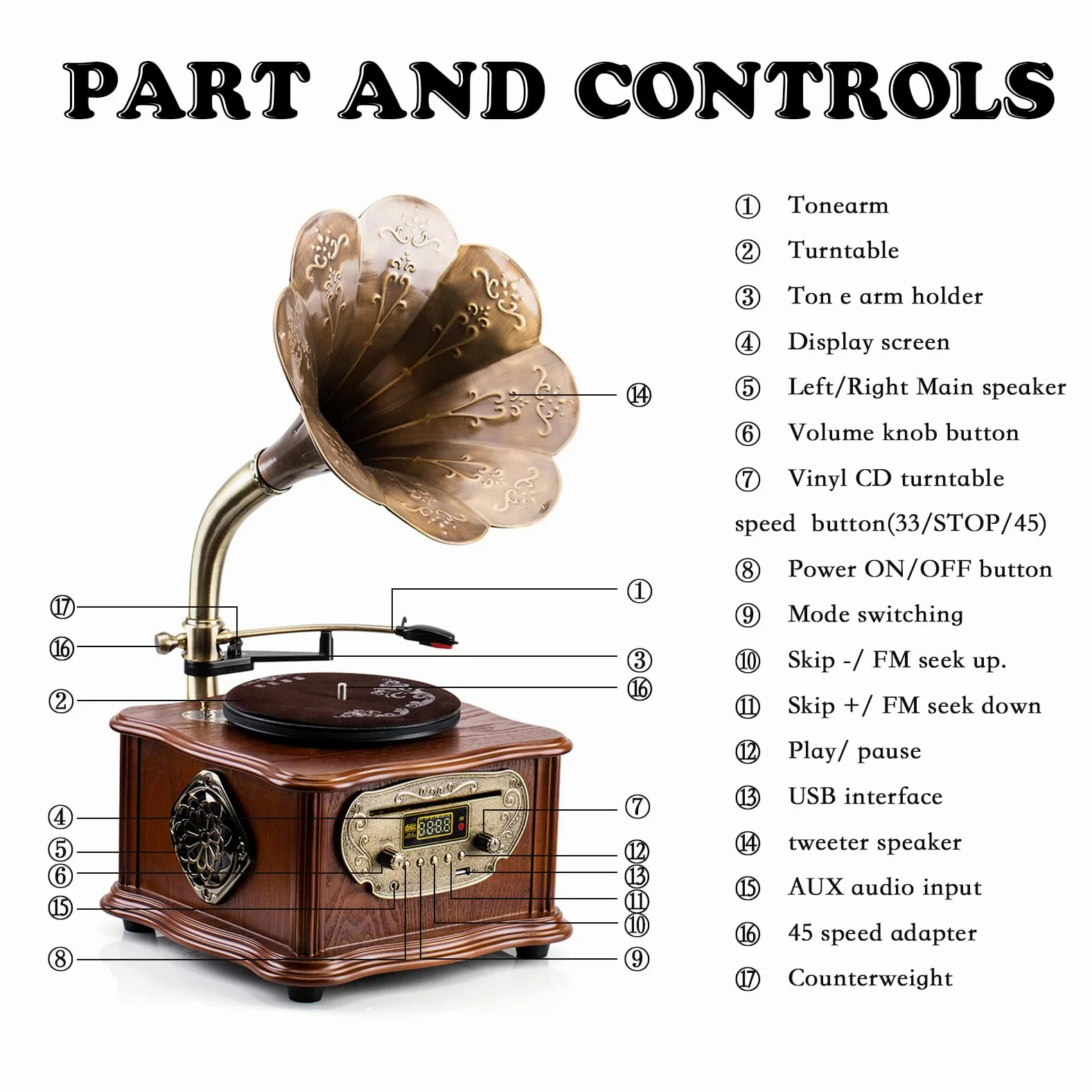 Holz Retro Plattenspieler mit Bluetooth, Grammophon und CD-Wiedergabe, Radio & Fernbedienung