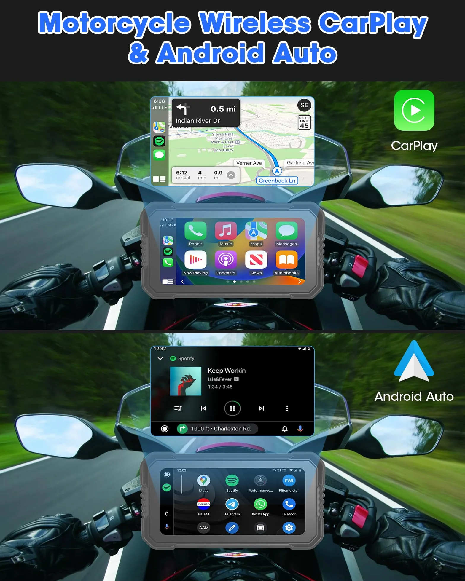 4K Motorrad Carplay Android Auto 6,25 Zoll Motorrad Display mit Dashcam Moto.rrad Navigationsgeräte für Motorräder mit Siri/G-oogle Assistant, Dual-Bluetooth, 64G TF-Karte, Fernbedienung