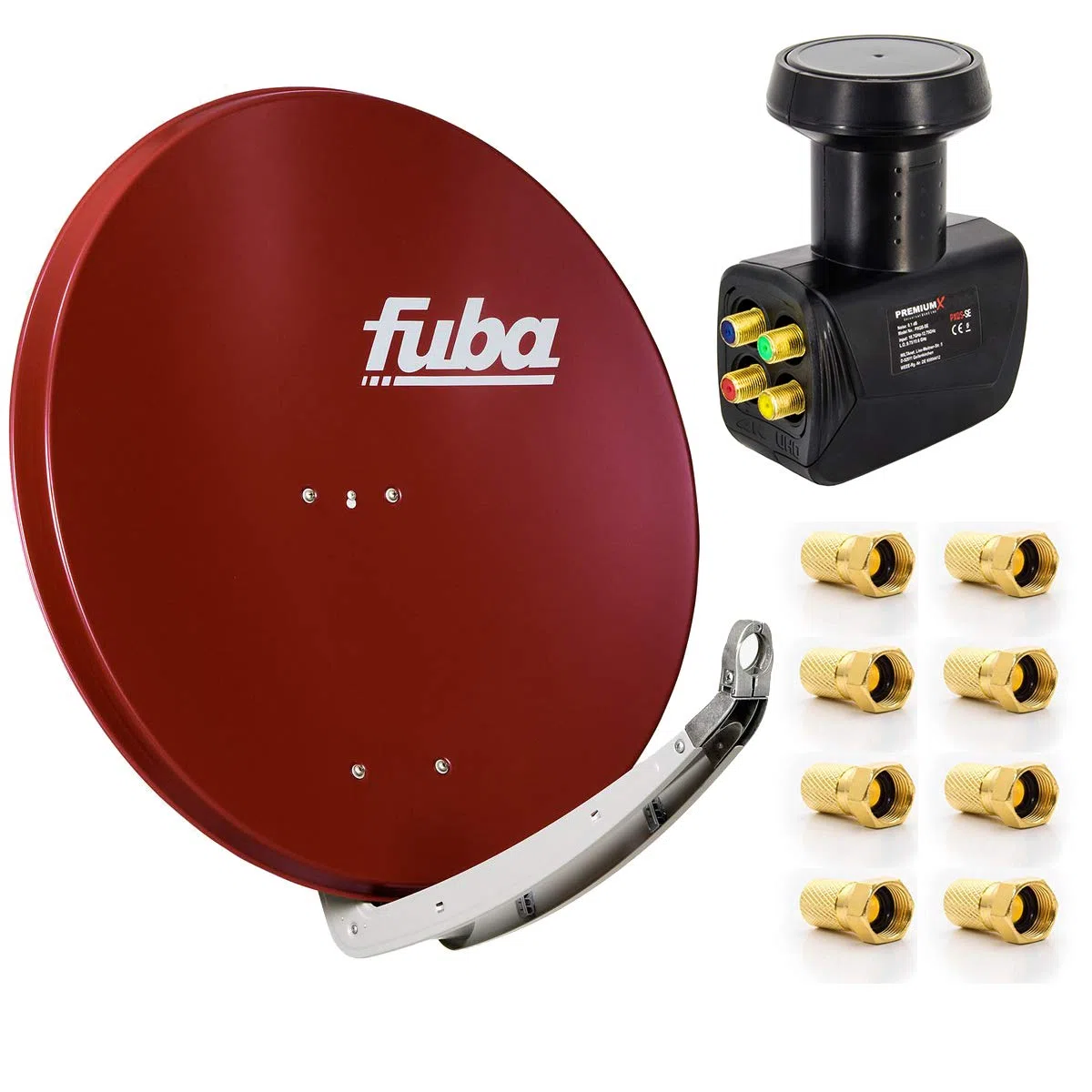 FVLFIL Fuba Satelliten-Komplettanlage DAA 850 R Satellitenschüssel Rot 85x85cm Quad LNB 8X F-Stecker SAT bis 4 Teilnehmer