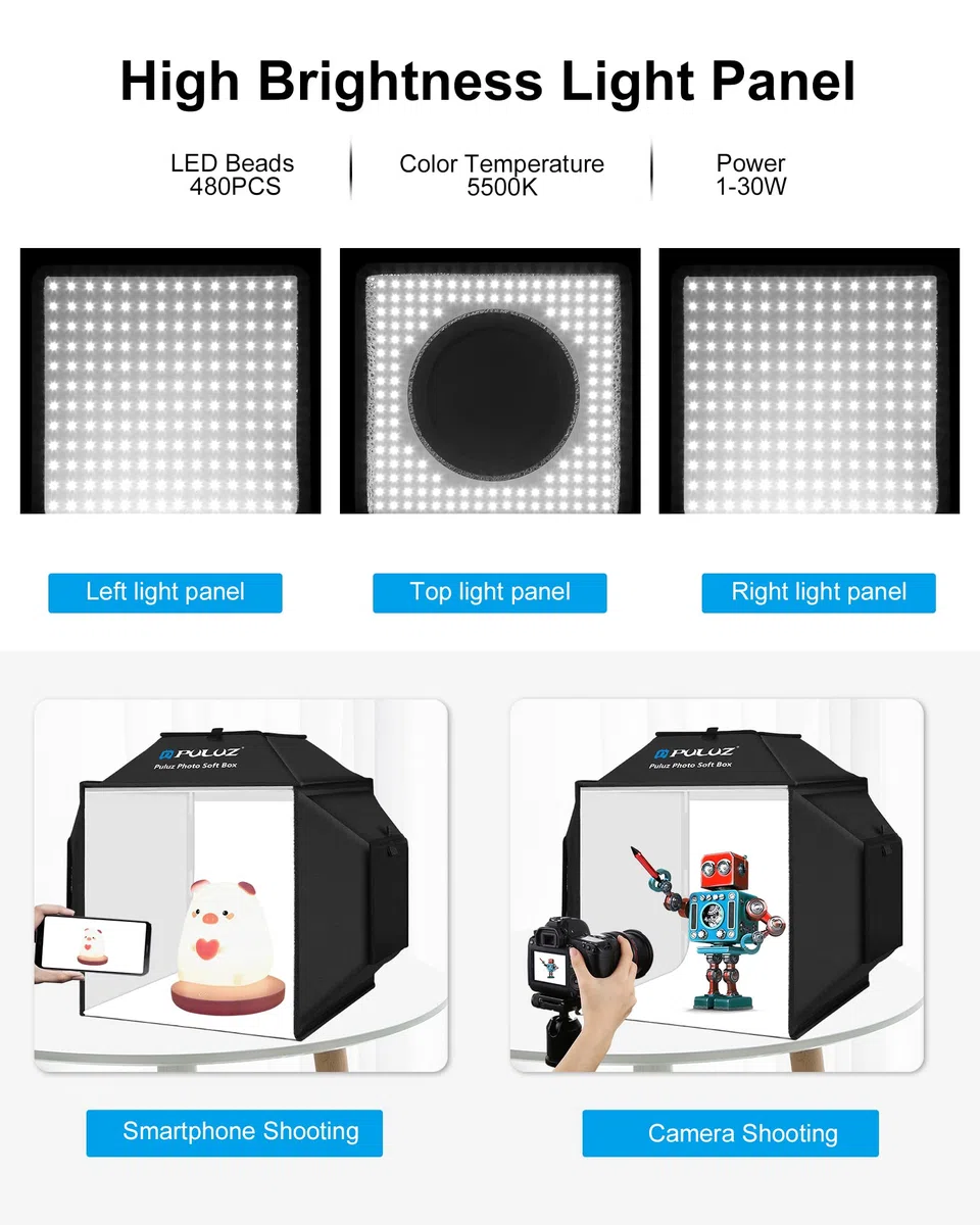 Fotobox & Softbox, PULUZ 40x40cm Fotostudio Set für produktfotografie, Faltbare Foto Lichtbox Fotografie Lichtzelt-Kit 5500K 480pcs LED-Beleuchtung mit 4 Farben PVC-Hintergrund