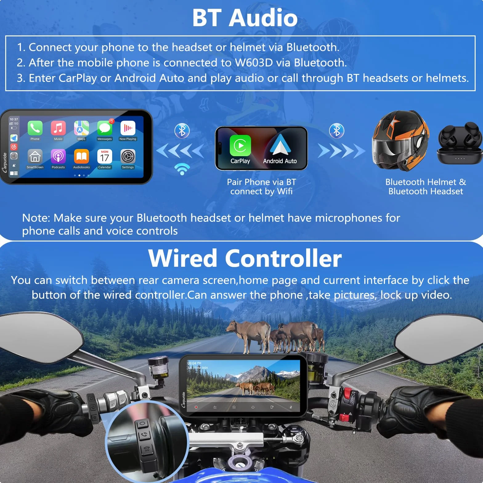 CARPURIDE W603D Motorrad CarPlay 6,3" 1080P Dashcam Android Auto