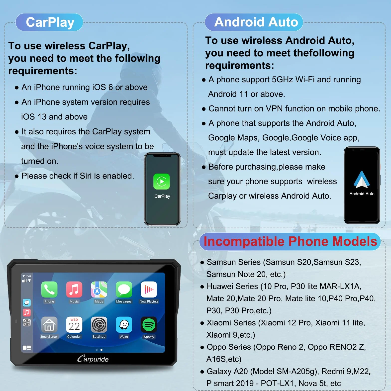 Carpuride W702B Pro Motorrad-Carplay-Bildschirm mit Halterung für BMW-Motorräder, Kabelloses CarPlay & Android Auto, 7 Zoll-Wasserdichter-Touchscreen, Dual-Bluetooth, Gegensprechfunktion, Navigation.
