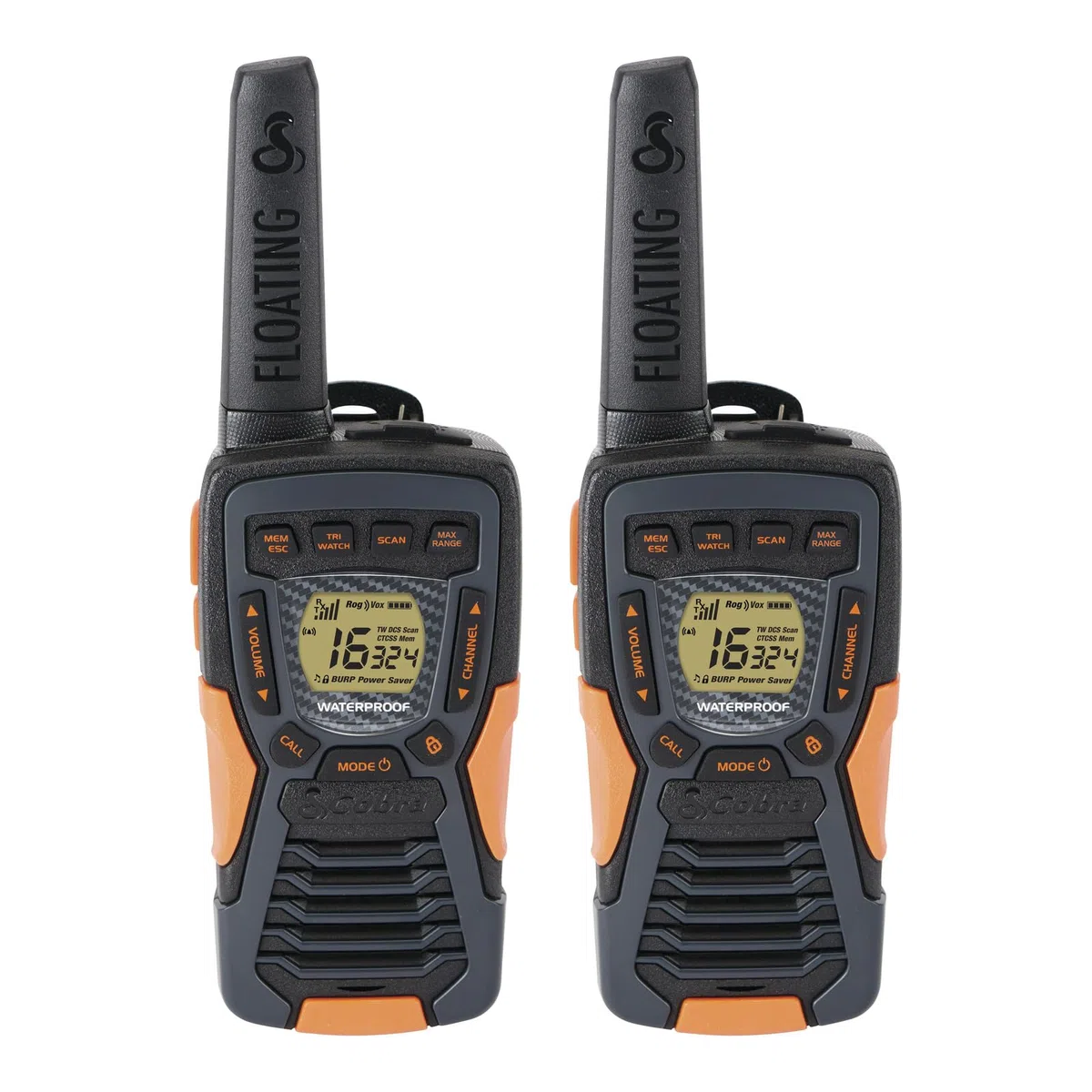 Cobra AM1055 Schwimmfähige und wasserdichte Walkie-Talkies (2er-Pack) – 12 km Reichweite, 16 Kanäle und 121 Codes zur Privatsphäre, VibrAlert, Wiederaufladbare Zwei-Wege-Funkgeräte, Schwarz