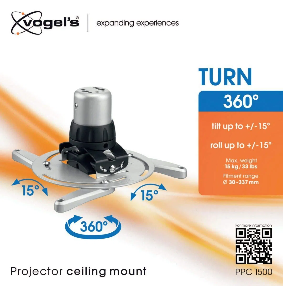 Vogel's PPC 1500 Projektor-Deckenhalterung für 30-337mm (1,2-13,2 Zoll) Projektoren, drehbar und neigbar, max. 15 kg, weiß