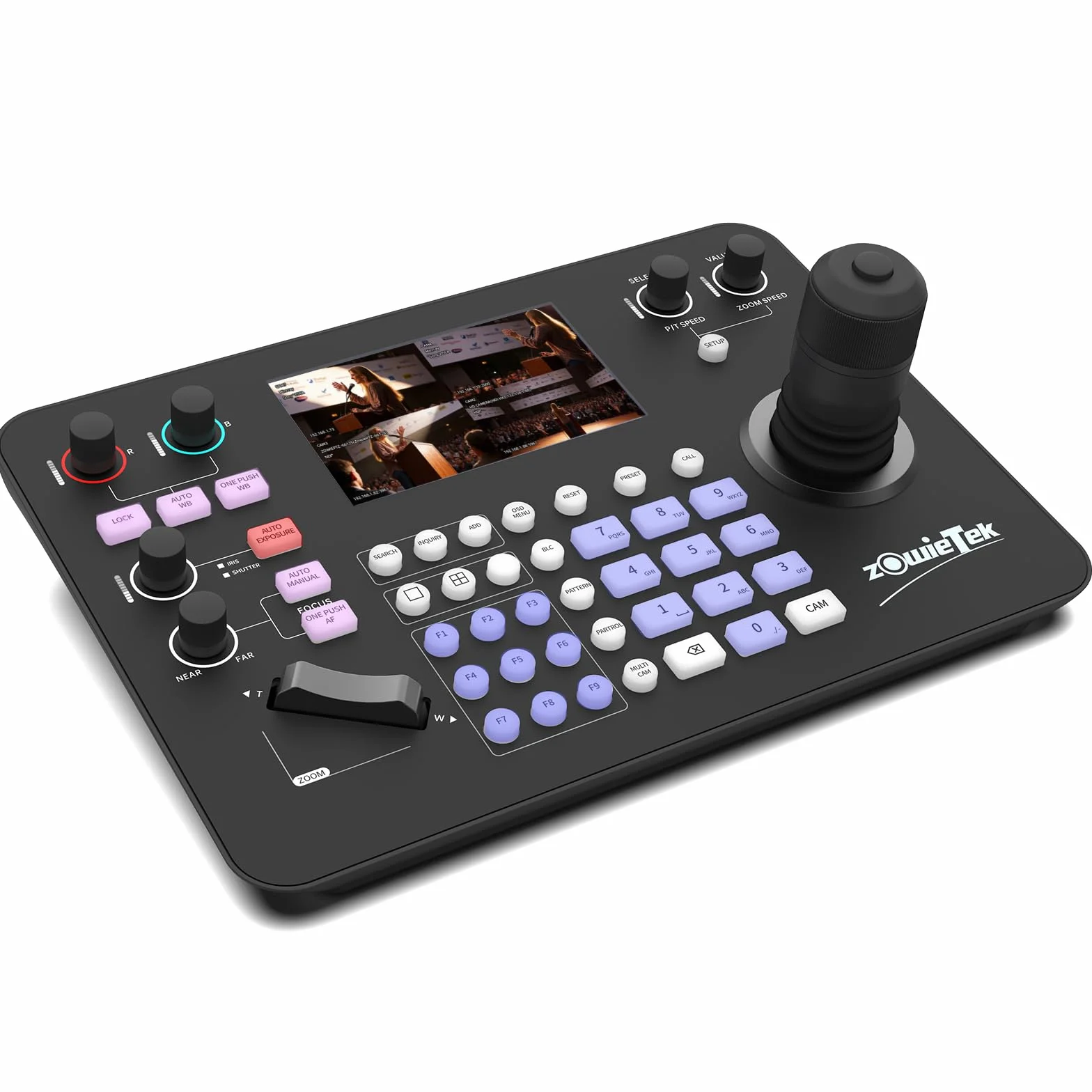 Zowietek PTZ-Controller mit NDI|HX3, 7D-Joystick-Tastatur, HDMI-Ausgang, 5" LCD-Quad-View, automatische Kameraerkennung, Gruppensteuerung, Tally und Audio-Ausgang
