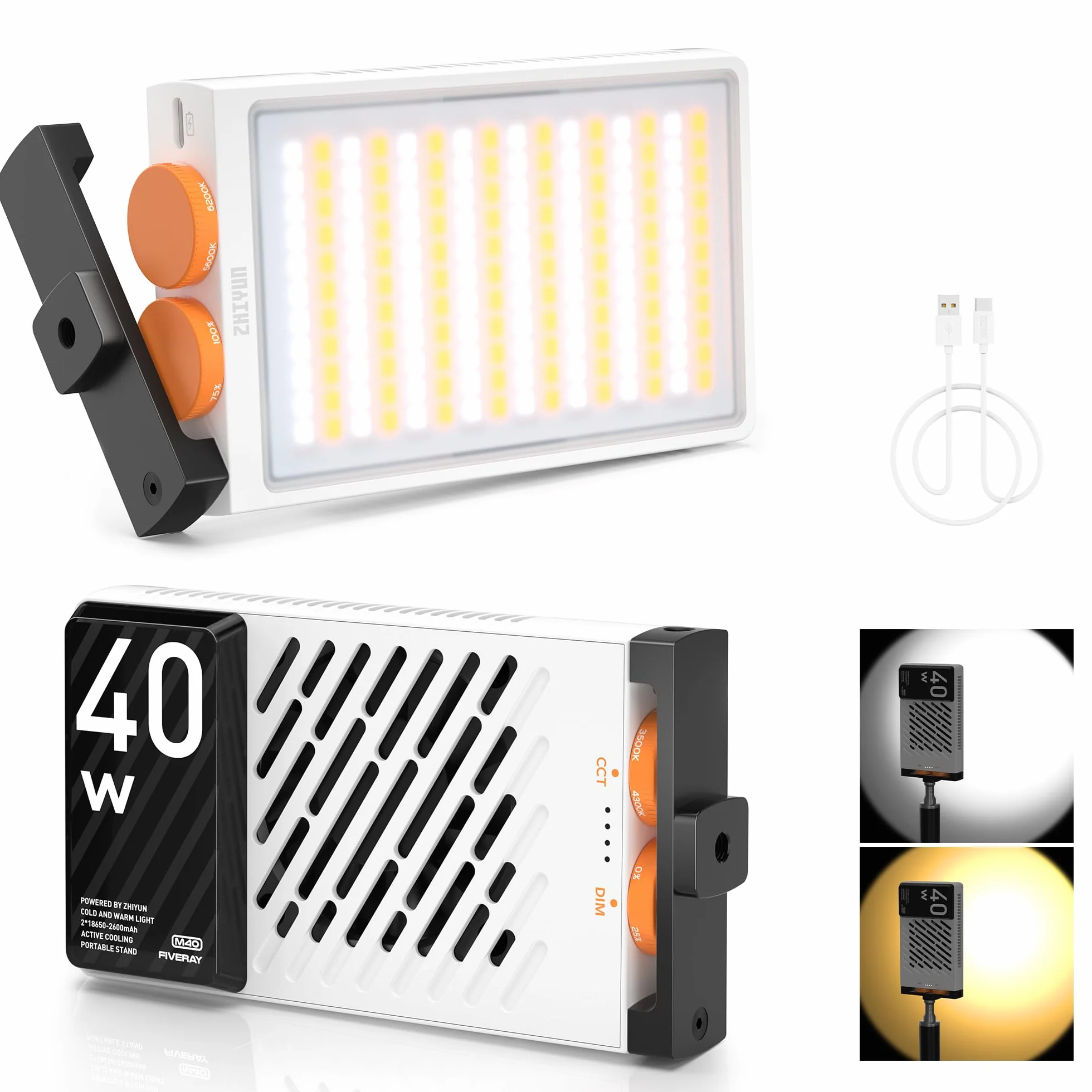 ZHIYUN FIVERAY M40 LED Videoleuchte [Official], 40W Videolicht mit 14000 Lux und 2700-6200K, CRI 96+, 320g Tragbares Video/Foto/Kamera/Streaming Licht für YouTube TikTok, mit 176 LED