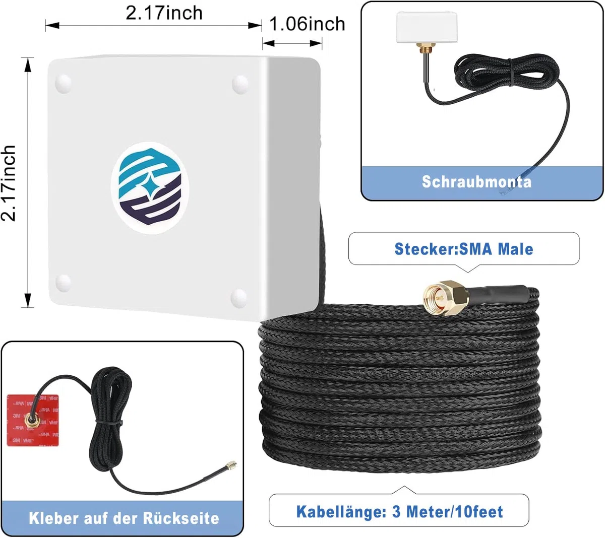Maswell GNSS GPS-Antenne SMA-Stecker, GPS GLONASS BEIDOU GAILEO L1-Band 1561–1602 MHz, Schraube und -Klebehalterung, IP67 wasserdichtes, UV-stabilisiertes Nylon-Umflechtungskabel