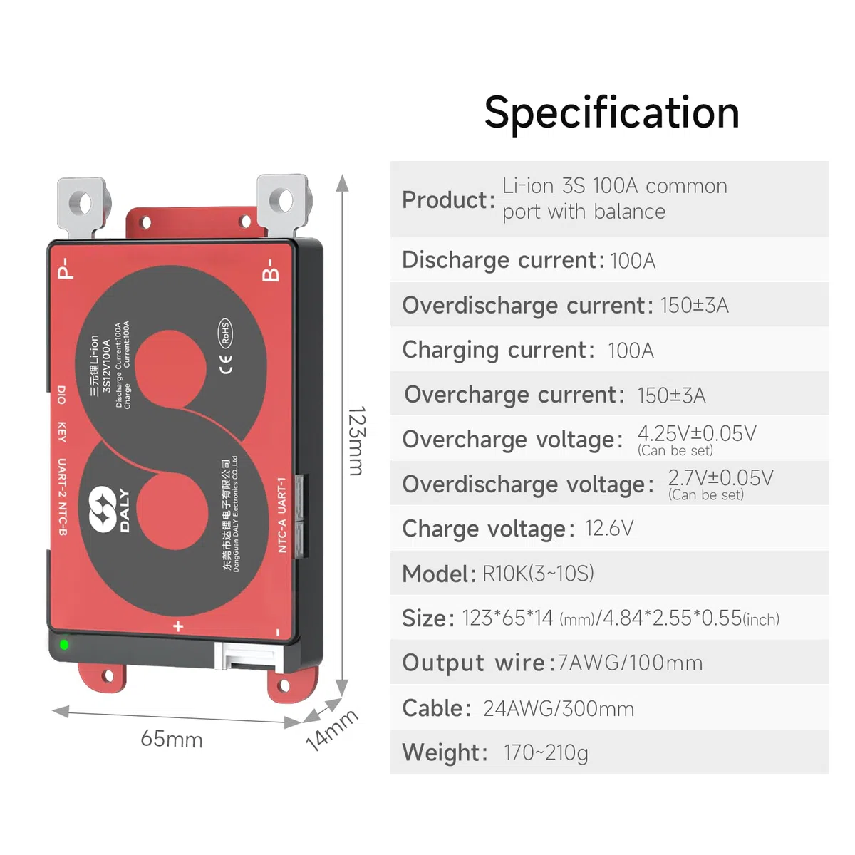 DALY Smart 3S BMS 12V 100A mit WiFi Modul und CAN 485 Kommunikationsschutzplatine für Li-ion Lithium Akkupack(3S 12V Smart BMS+RS485+CAN+WiFi Modul，100A)