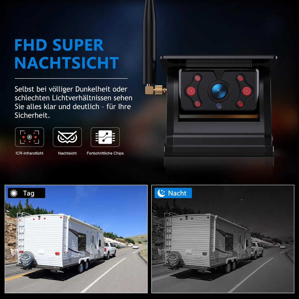 eRapta Magnetisch Solar Rückfahrkamera Kabellos mit 7" 1080P Touchscreen Monitor: 12000mAh Akku, 1 Min DIY Installation, IP69K Wasserdicht Rückfahrkameras für Wohnmobil Wohnwagen Anhänger LKW