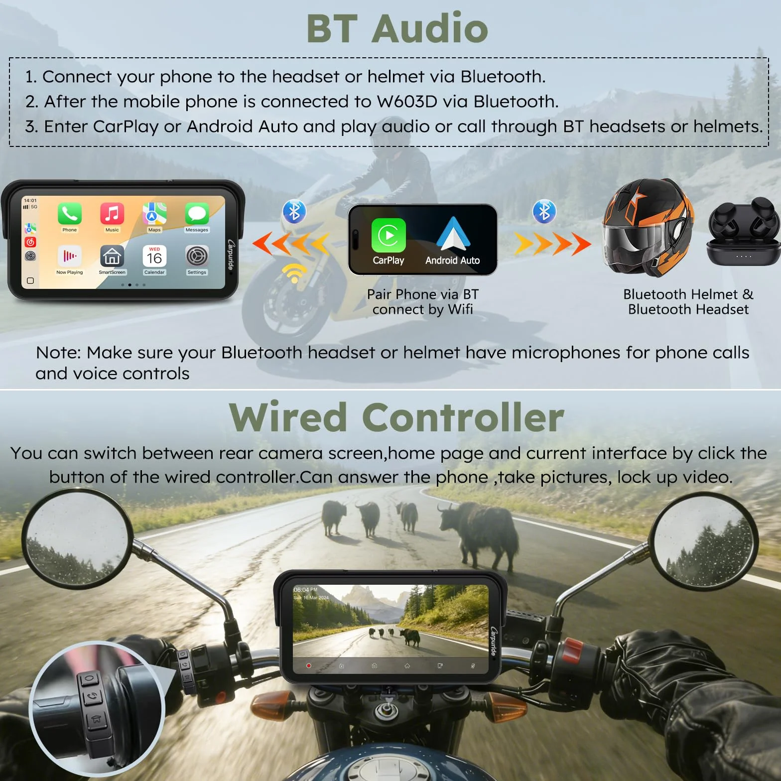 Carpuride W603DT für Motorrad mit CarPlay, Android Auto und TPMS–HD 1080p Dashcam, 6,3-Zoll-Touchscreen Wasserdicht, Drehbar für Navigation, Bluetooth, Loop-Aufnahme und Kabelgebundene Fernbedienung