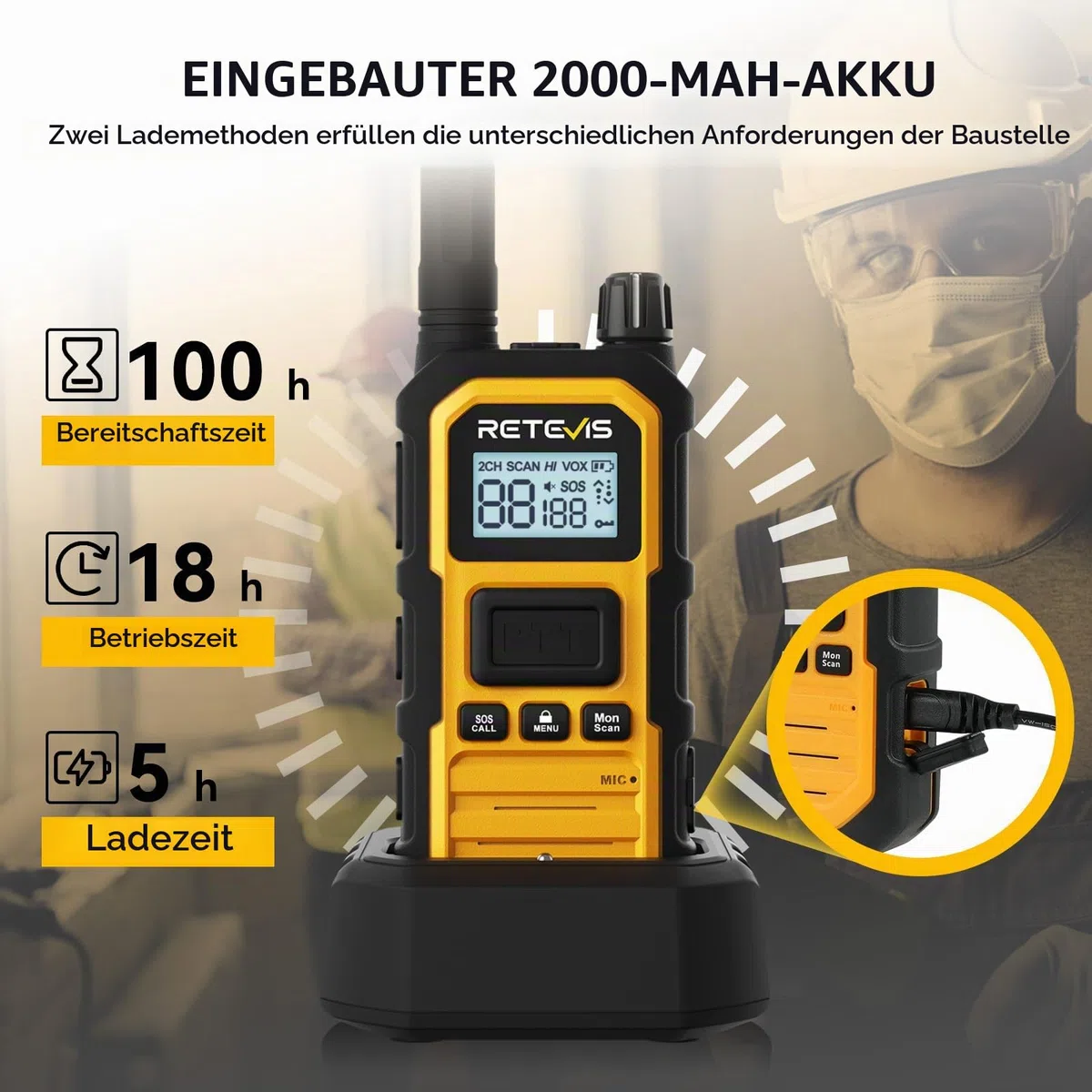 Retevis RB648Plus Walkie Talkie mit Ohrhörern, IP67 wasserdichte Funkgerät | Erweiterte Reichweite, 2000 mAh, Dual-PTT, VOX, Handfunkgeräte für Raue Industrieumgebungen (4 Stück, Gelb)