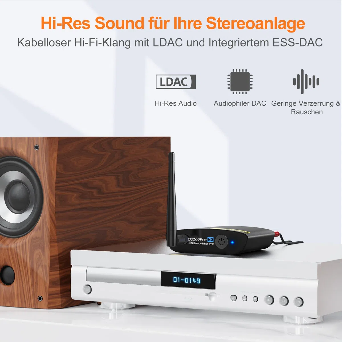 1Mii DS200Pro HiFi Bluetooth Receiver mit LDAC & Audiophile DAC, Bluetooth 5.3 Audio Empfänger mit aptX HD & Low Latency, Lange Reichweite, RCA & Optisch für Stereoanlage, Verstärker