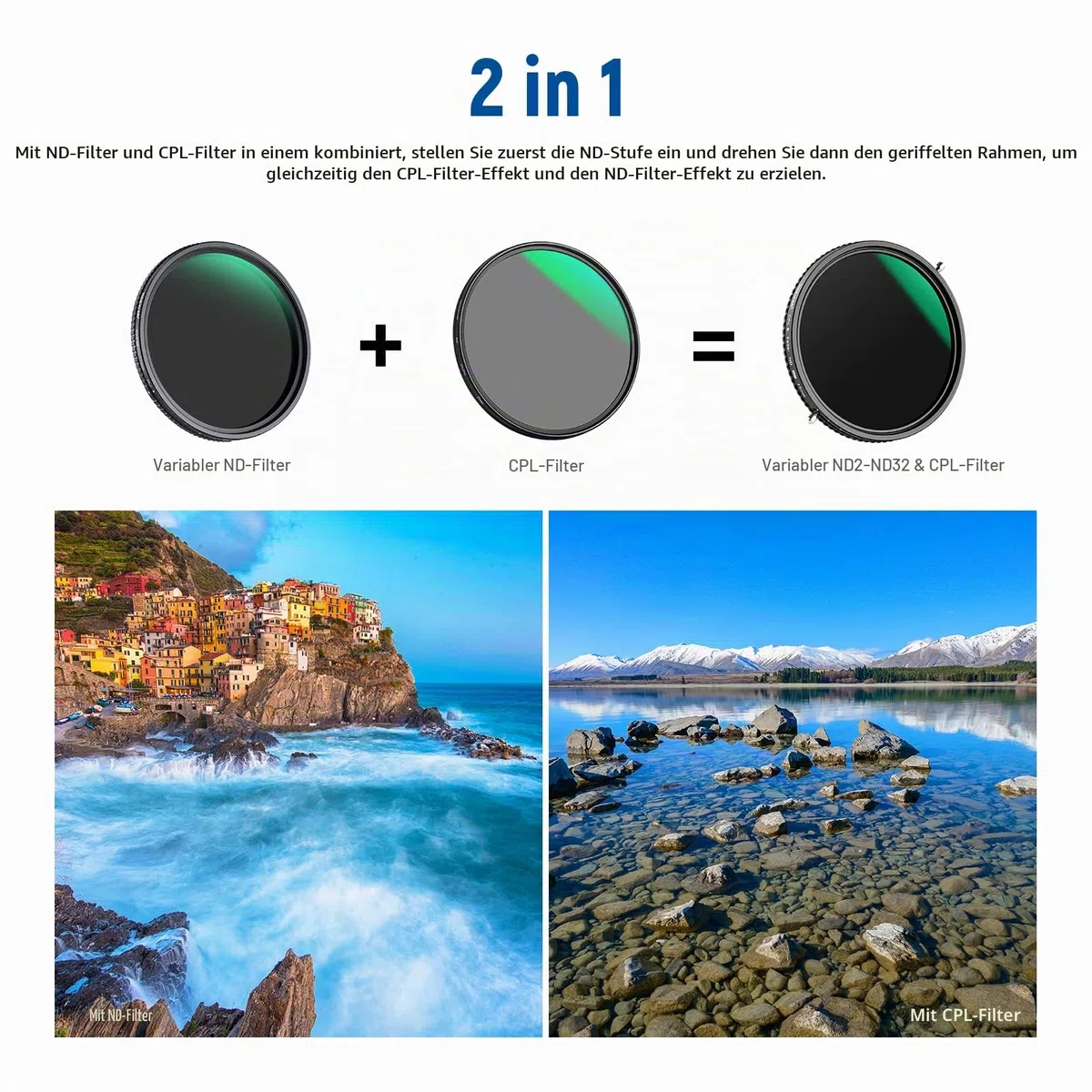NEEWER 2 in 1 67mm Variabler ND Filter ND2–ND32&CPL Filter (Zirkularpolarisator) ohne X Markierung/30 Fach nanobeschichtet/HD Optikglas/ultradünner Rahmen aus Alulegierung/wasserabweisend/Kratzfest