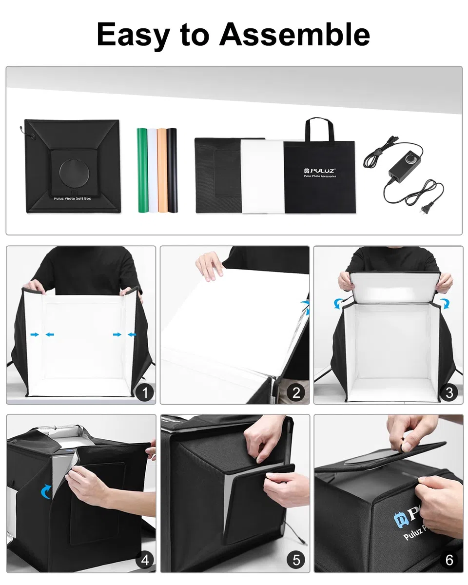PULUZ Upgrade Fotobox Fotografie 40x40cm, Professionelles Fotozelt mit Beleuchtung 480 LED 5500K & 4 Farbigen PVC-Hintergründen für Schmuck und Produktfotografie