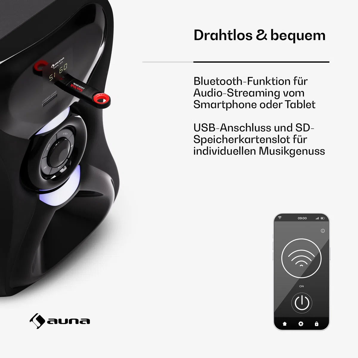 auna Areal 825 5.1 Soundsystem Kabellos mit Bluetooth, 100-W-Subwoofer und RGB-Beleuchtung - USB-/SD-Anschlüsse, AUX und Optischer Eingang, Heimkino-Lautsprecher mit Fernbedienung