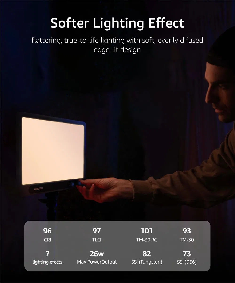 amaran Verge Bi-Color Key Light für den Schreibtisch, 2700K–6500K Soft Edge-LED-Panel, CRI 96, Frontregler & USB-C-Stromversorgung, ideal für Streaming, Videocalls & Content-Erstellung – Weiß
