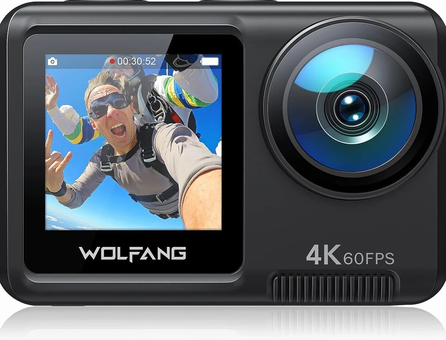 WOLFANG GA420 Action Cam 4K 60FPS Unterwasserkamera WiFi 10M Wasserdicht ohne Gehäuse 3.0 EIS Bildstabilisator Dual Screen Helmkamera (Externem Mikrofon, 2x1350mAh Akkus und Zubehör Kit)