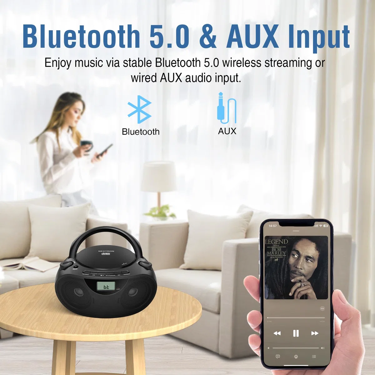 Nextron Tragbarer Bluetooth-CD-Player mit AM/FM-Radio-Stereo-Soundsystem, CD-/MP3-/WMA-Wiedergabe, USB- und AUX-Anschlüssen, Kopfhöreranschluss, LCD-Display, funktioniert mit AC/DC