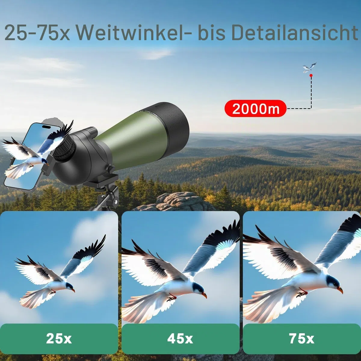 Gosky Flagship 25–75 x 80 cm Spektiv – Spektiv mit Stativ, Tragetasche und Schnell-Telefonhalterung, BAK4 wasserdichtes Spotterfernrohr für Vogelbeobachtung, Zielschießen, verbesserte Version