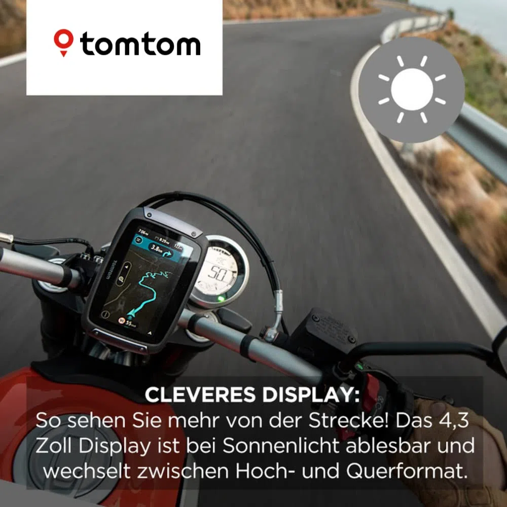 Tomtom Motorrad Navi Rider 550-4,3 Zoll, kurvige und bergige Strecken, Karten-Updates Welt, Stauvermeidung Dank Traffic, Halterung, Updates über Wi-Fi (generalüberholt)