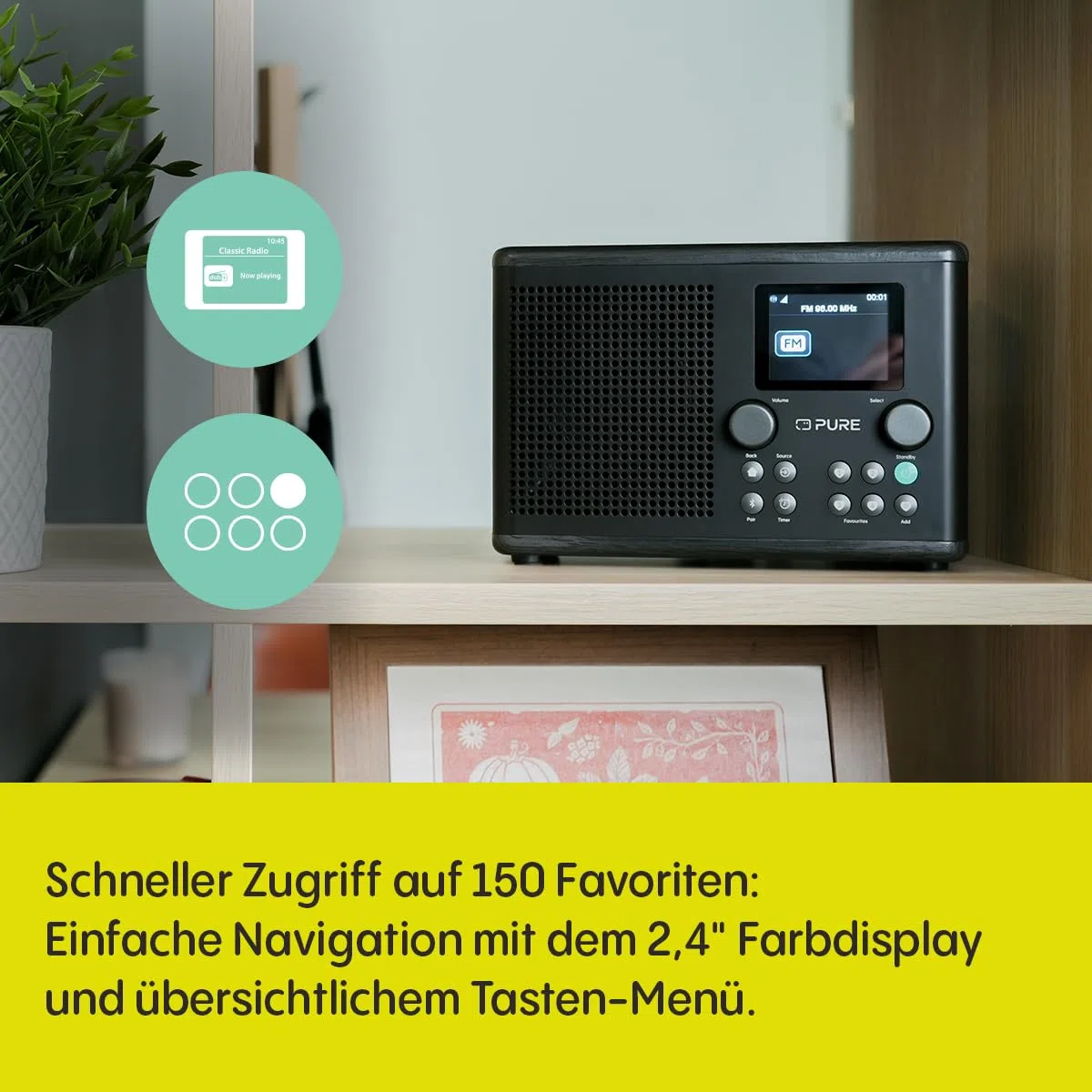 Pure Classic H4i – Internetradio mit WLAN, DAB+ & FM, Bluetooth 5.3, USB – 10W Lautsprecher – 2,4" Farbdisplay – 150 Speicherplätze – Sleep- & Küchentimer – AUX-Eingang – Schwarz