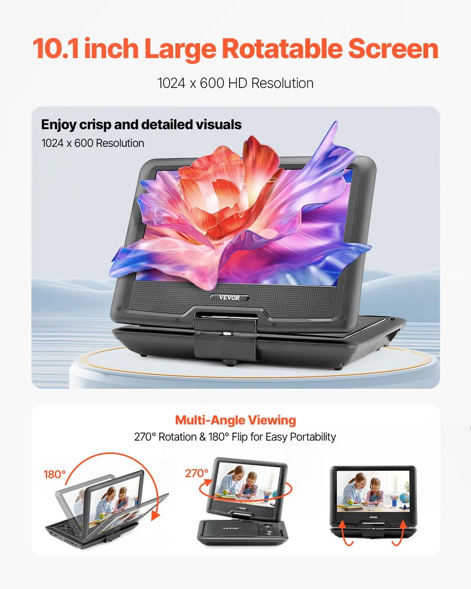 VEVOR tragbarer DVD-Player mit drehbarem HD-Bildschirm (256 mm), eingebauter Akku mit 4 Std. Laufzeit, 2 Lautsprecher, unterstützt Synchronisierung von TV/USB/SD-Karte/CD/DVD, Autoladegerät schwarz