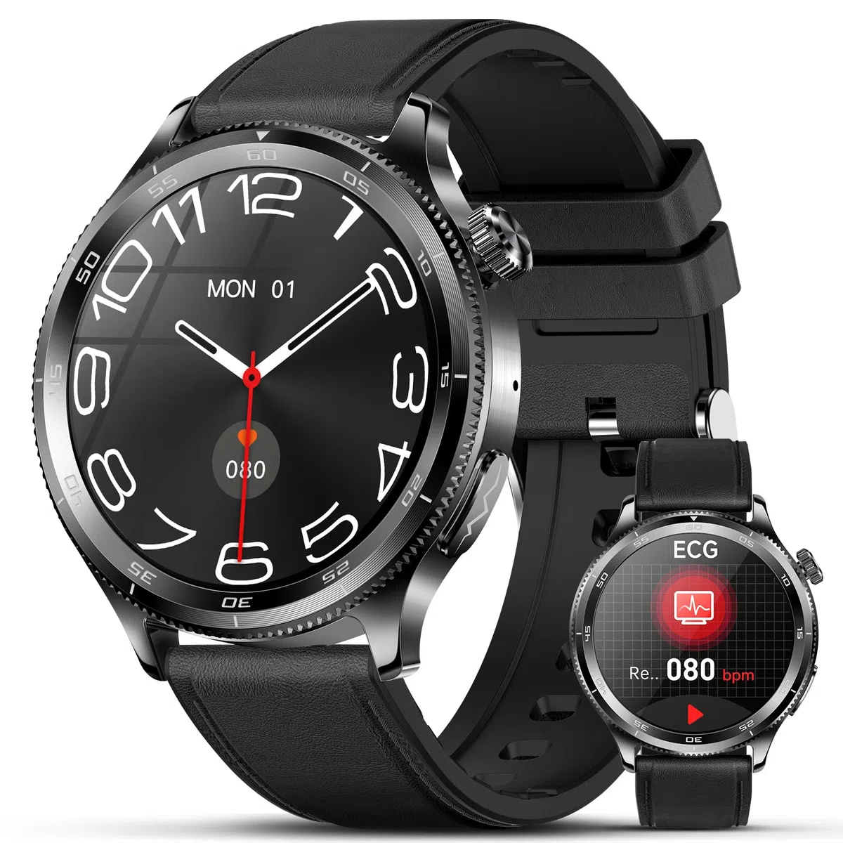 Smartwatch Herren Damen, 1.43" Smart Watch Rund mit Telefonfunktion | 1.43" Gesundheitsuhr mit 24H Pulsuhr SpO2 Harnsäure, SOS-Notruf, 150+ Sportmodi Fitnessuhr für iOS/Android, Schwarzes Leder