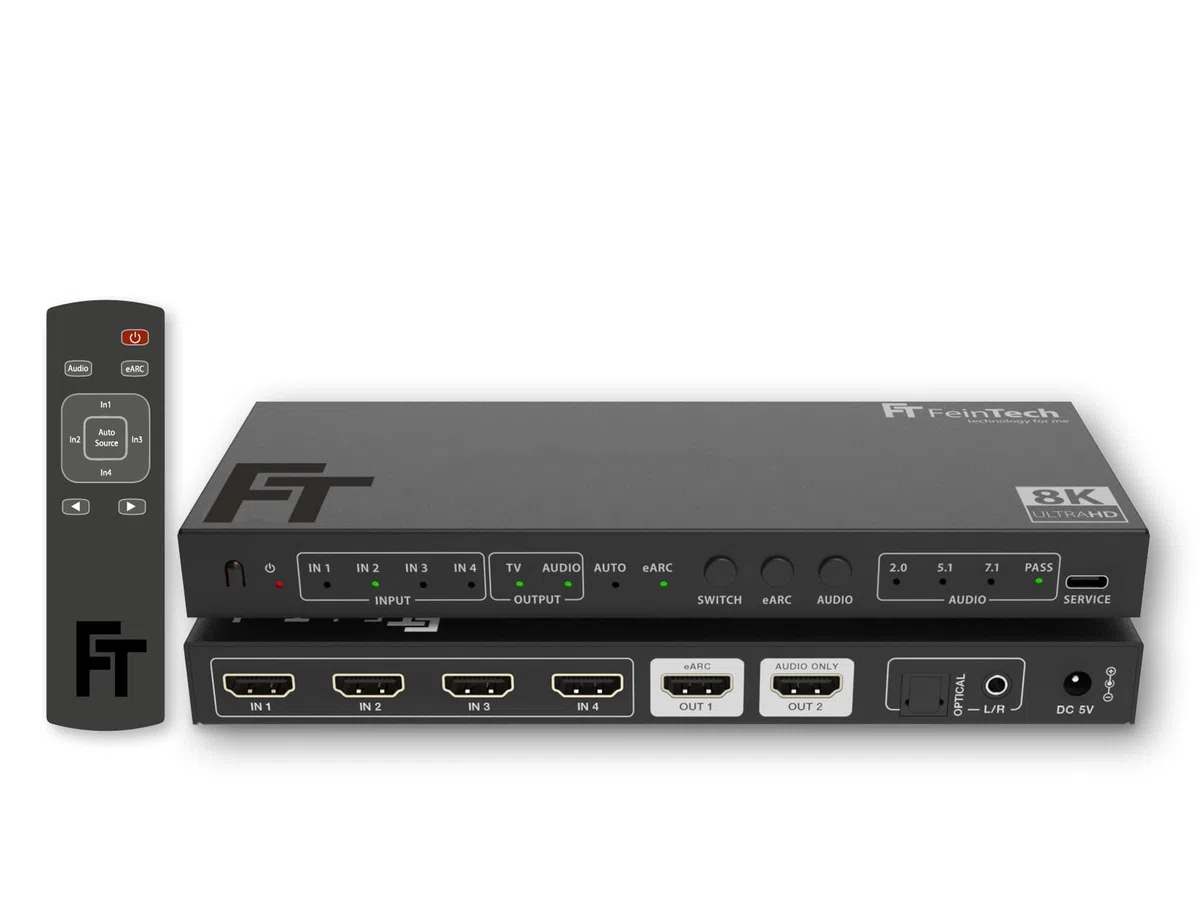 FeinTech SW411 HDMI 2.1 Switch 4 In 1 Out mit Audio Extractor für Soundsysteme mit HDMI-, Toslink- und AUX-Eingang, unterstützt 4K 120Hz & 8K