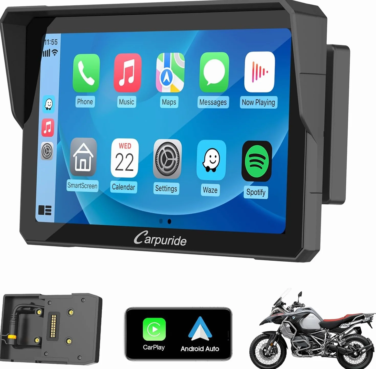 Carpuride W702B Motorrad GPS Carplay Bildschirm mit Design Halterung für BMW Motorräder, Kabelloses CarPlay und Android Auto, Tragbarer 7" Wasserdichter Touchscreen, Dual Bluetooth, Navigation, Siri.