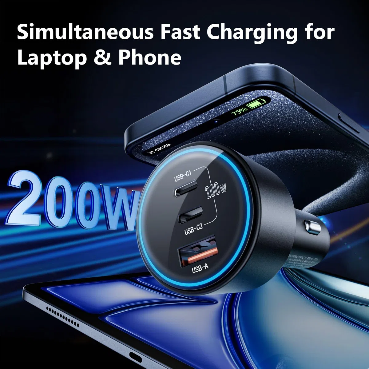 200 W USB C Schnellladegerät, Dual PD 100 W Typ C, PD3.0/QC4.0/PPS Zigarettenanzünder-Adapter für 15/14/13/12, Galaxy S22/S21 Ultra, MacBook, Laptop usw