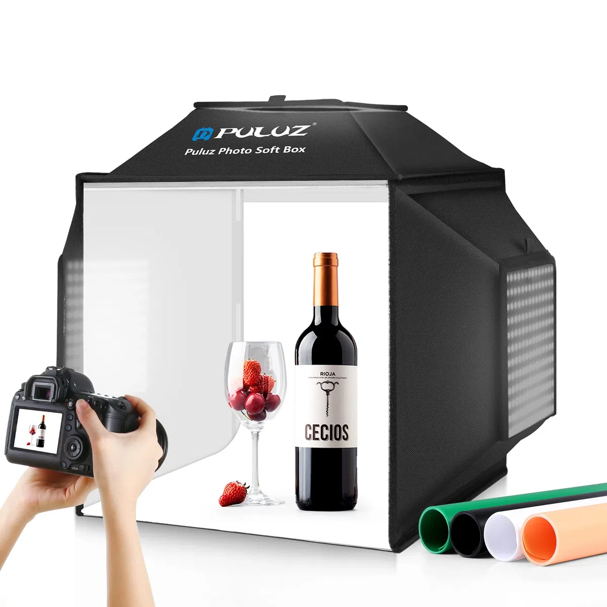 PULUZ Upgrade Fotobox Fotografie 40x40cm, Professionelles Fotozelt mit Beleuchtung 480 LED 5500K & 4 Farbigen PVC-Hintergründen für Schmuck und Produktfotografie