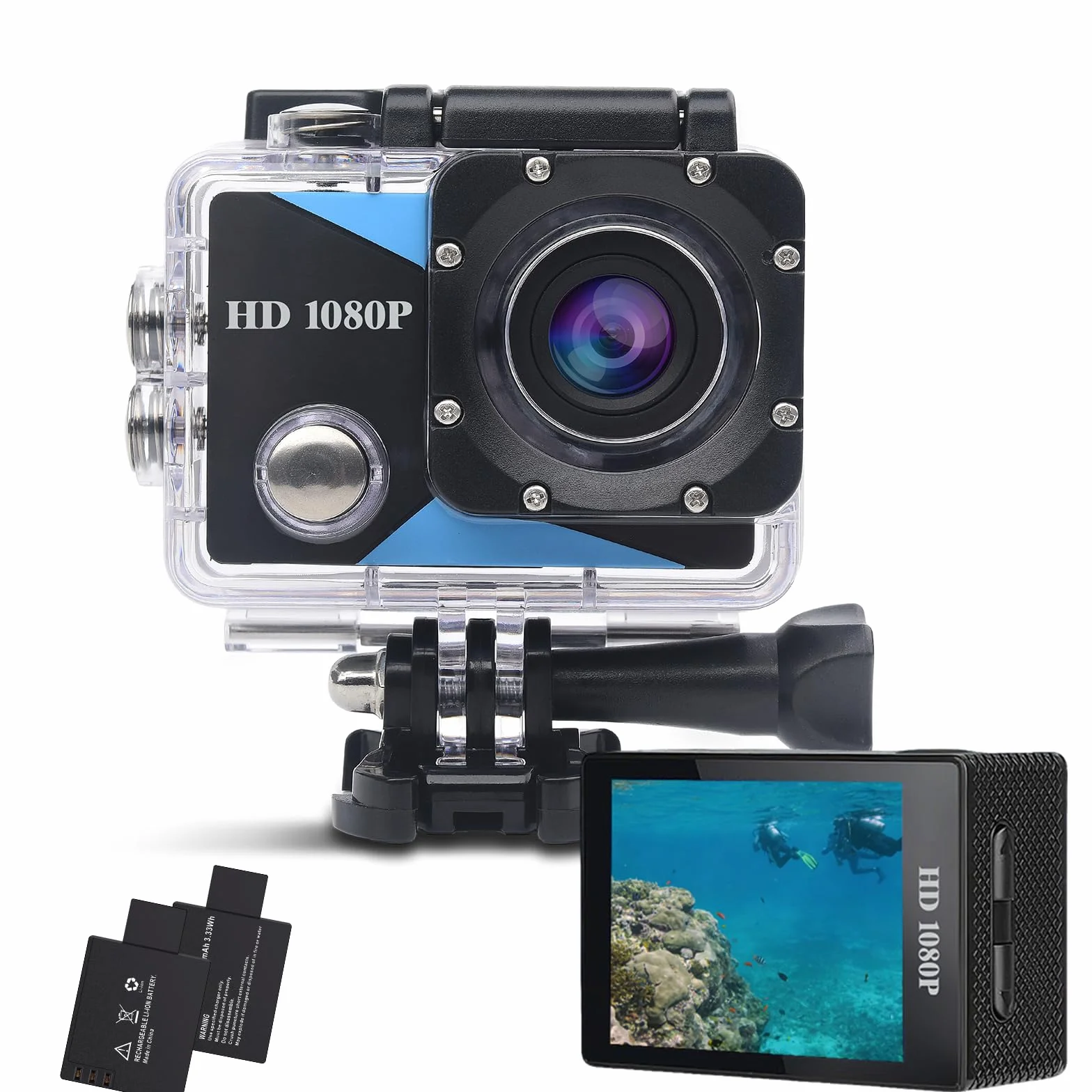 Action Cam FHD 1080P, wasserdichte Unterwasserkamera 98FT/30M, Sports Cam mit 2 wiederaufladbaren Batterien und Zubehör-Set