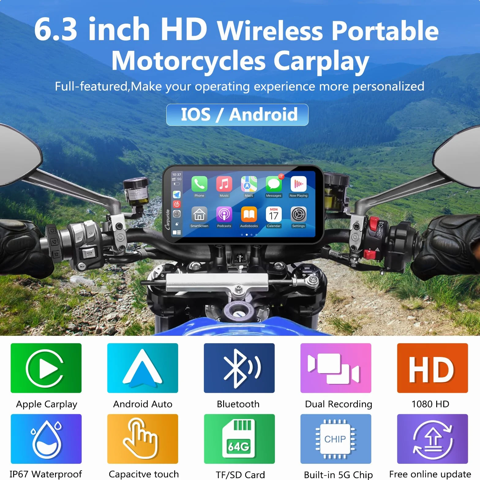CARPURIDE W603D Motorrad CarPlay 6,3" 1080P Dashcam Android Auto