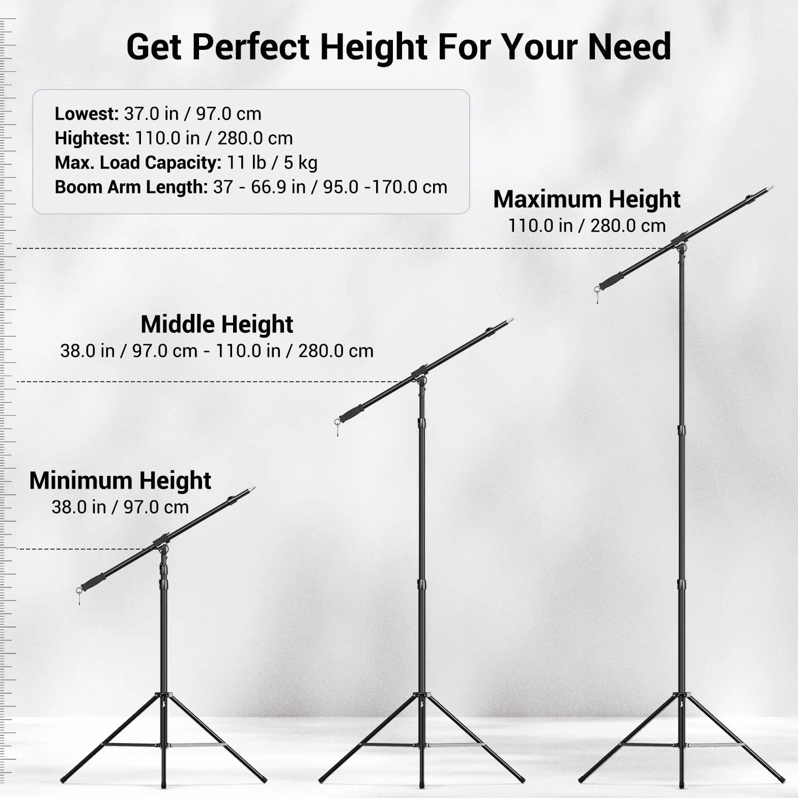 SMALLRIG Aluminium Lichtstativ 110"/9.2ft/280cm, mit 170cm Haltearm, luftgepolstertes Fotografie-Stativ mit 1/4"-Schraube für Softbox, Studiolicht, Ringlicht, max. Belastung 5kg, RA-S280A - 3737
