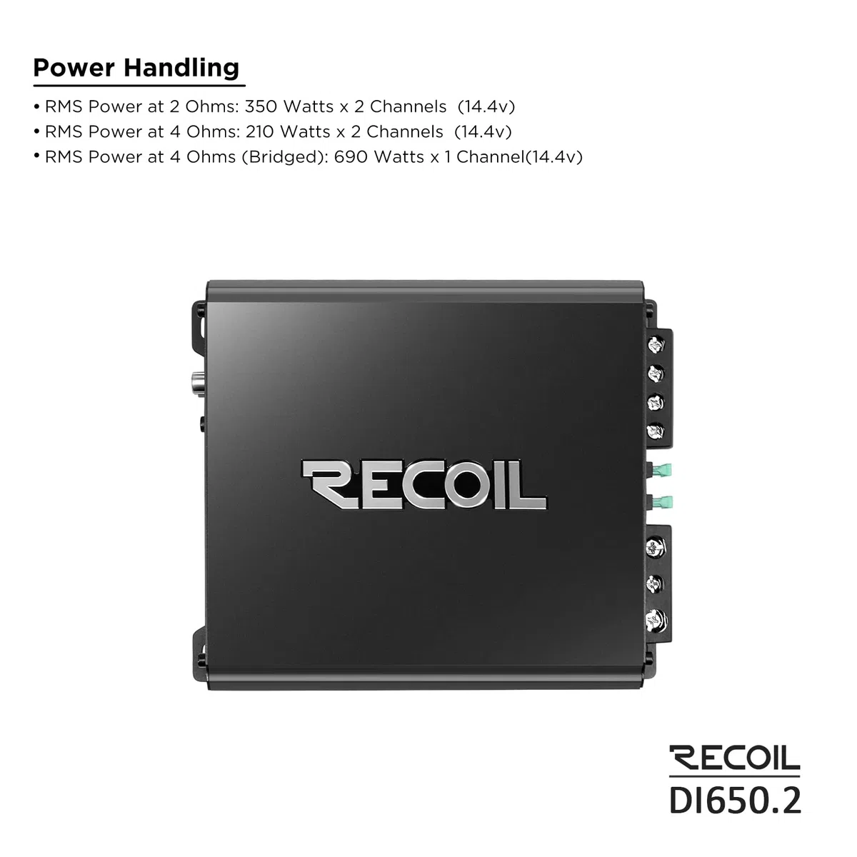 RECOIL DI650.2 2-Kanal Auto Verstärker 1400W Class-D Vollbereichs MOSFET Endstufe, 2-4 Ohm stabil & brückbar