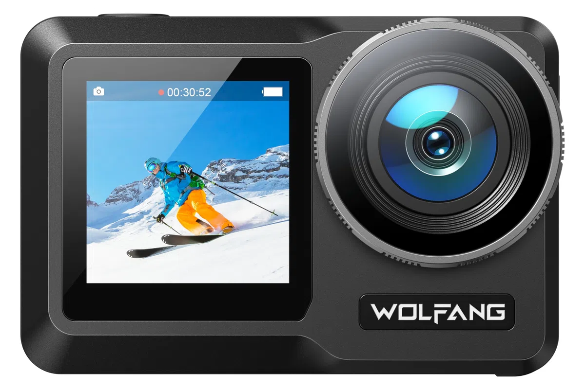 WOLFANG GA460 Action Cam, 6K Unterwasserkamera WiFi 16ft Wasserdicht ohne Gehäuse Super EIS Bildstabilisator Dual Screen Helmkamera (Externes Mikrofon, 2x1350mAh Akkus mit Ladegerät und Zubehör Kit)