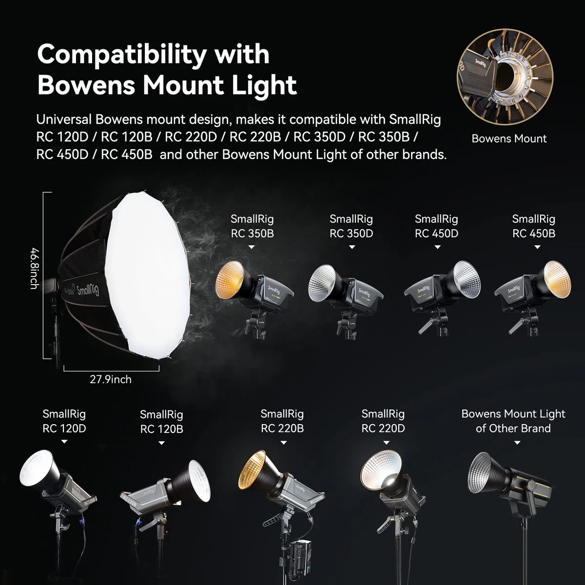 SMALLRIG Parabolic Softbox, Softbox Quick Release 47,2 Zoll / 120 cm, kompatibel mit SmallRig RC 350D / RC 350B / RC 450D und Anderen Bowens Mount Light - 4140