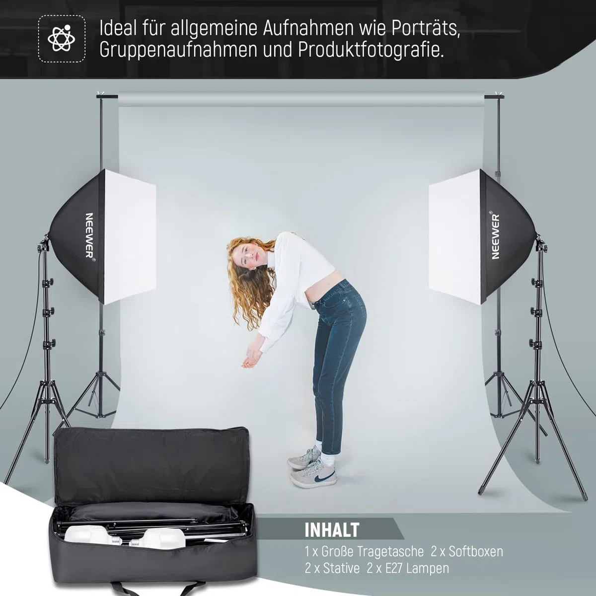 NEEWER Softbox Beleuchtungsset, äquivalent zu 700W, 2er Pack 5700K LEDGlühbirnen, 24 x 24Zoll Softboxen mit E27 Fassung, Fotografie Dauerlichtset, Fotostudio Ausrüstung