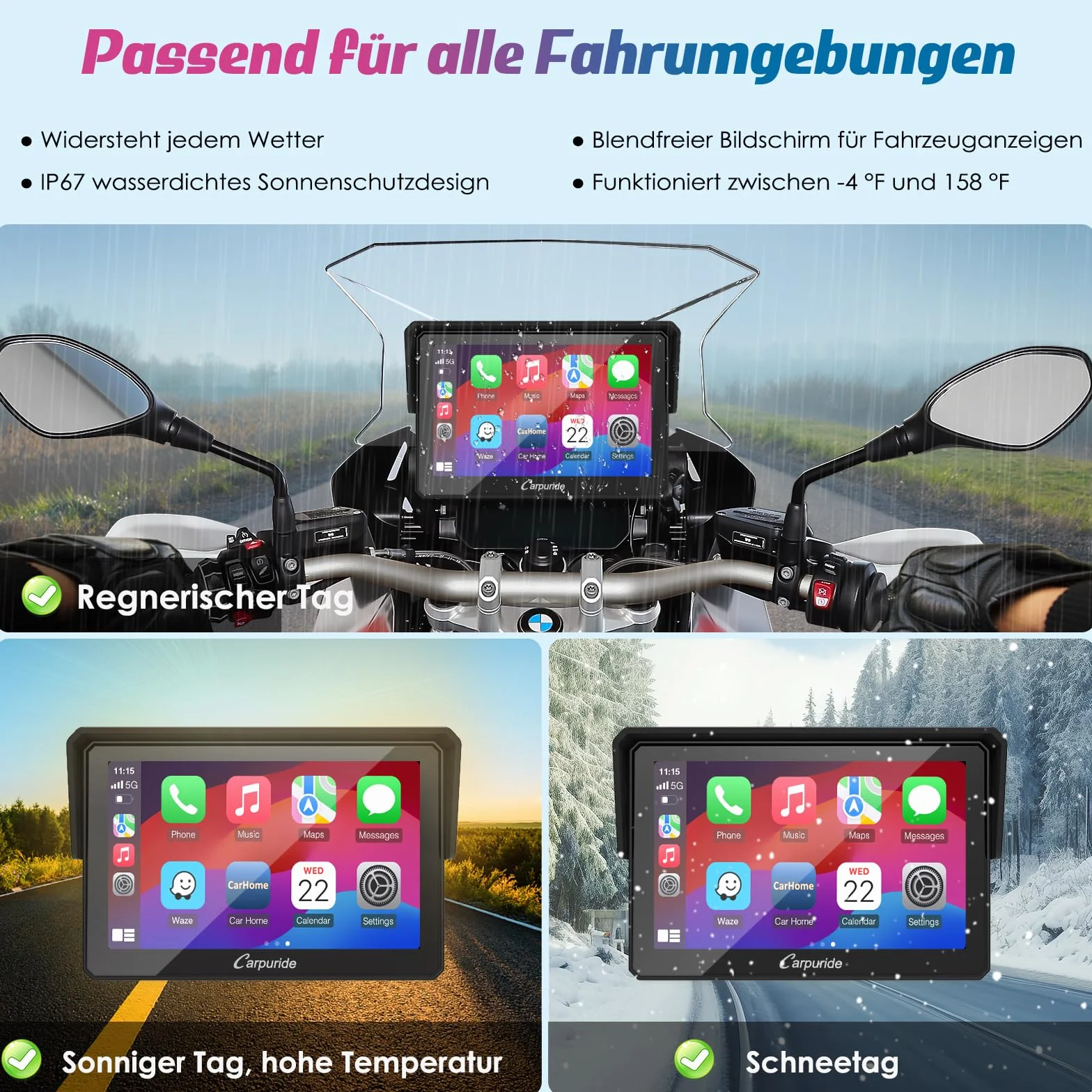 Carpuride W502B Motorrad-Carplay-Bildschirm für BMW R1200GS R1250GS S1000XR Motorrad, 5 Zoll Wasserdichter Touchscreen, Tragbare Carplay/Android Auto,GPS-Navigation, Dual Bluetooth